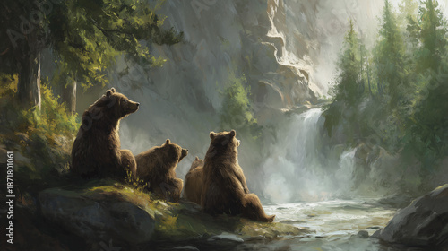 Brown bear family watching waterfall painting nature landscape wildlife art scenic view forest trees outdoor scene