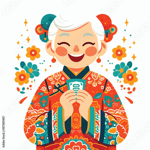 vector happy grandmother holding chinese new year red envelope