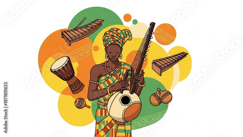 African Woman Playing Djembe Drum and Holding Dundun Drumstick in Vibrant Traditional Attire