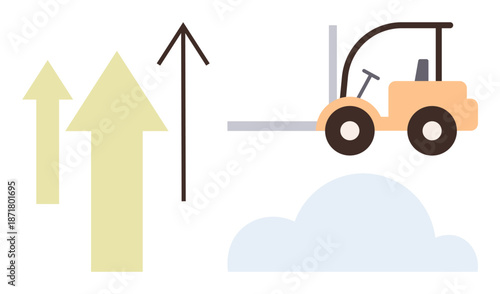 Economic growth, logistics operations, business success, industrial development, progress visualization, transportation. Arrows indicating upward growth and forklift over a cloud. Economic growth