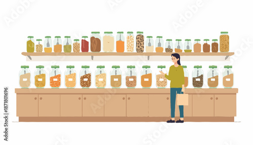 Zero-waste grocery refill store with glass jars and reusable shopping bag