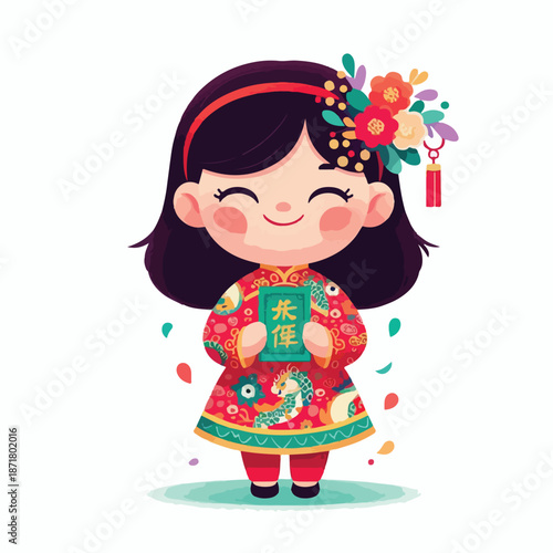 vector happy little girl holding chinese new year red envelope