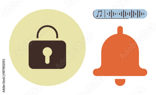 Privacy, notifications, communication, safety, audio alerts, technology. A lock, bell and an audio slider visually privacy and notifications. Privacy and notifications concept