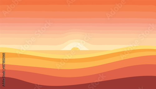 Minimalist abstract vector background with rolling golden hills under a layered orange sunset sky and rising sun.