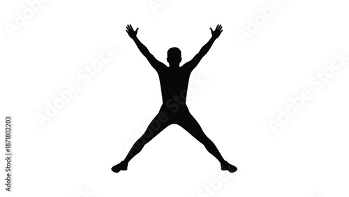 Black silhouette of a person jumping in the air with arms raised white with fitness motivation on whit background