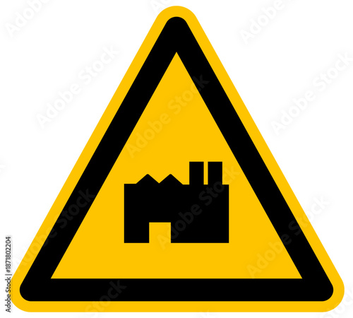Señal de advertencia con icono de fábrica e industria ilustración de vector amarillo para zonas industriales y manufactura