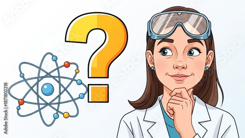Thoughtful Female Scientist Contemplating Atom Structure in Laboratory Setting