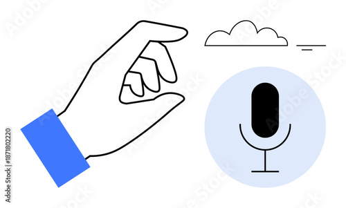 Voice recognition. Hand gesture interacting with microphone symbol for seamless voice recognition. Voice recognition technology for AI, communication tools, apps, cloud computing, automation