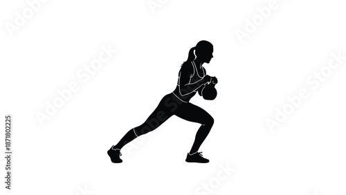 Silhouette of a fit woman doing a split squat exercise with a kettlebell white on whit background