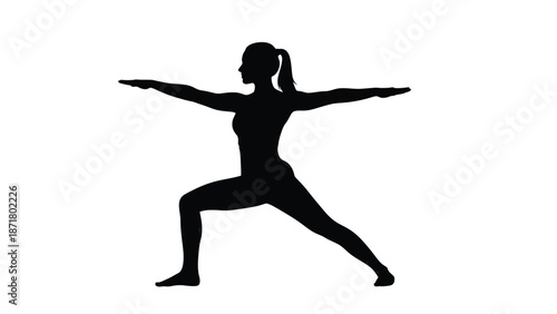 Silhouette of a woman in a warrior yoga pose white with fitness and exercise on whit background