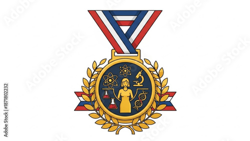 Golden Medal Emblem with Justice Statue and Laurel Wreath on White Background