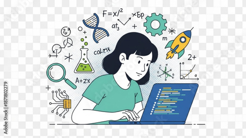 Young Woman Coding on Laptop Surrounded by Science and Math Symbols, Isolated on Transparent Background