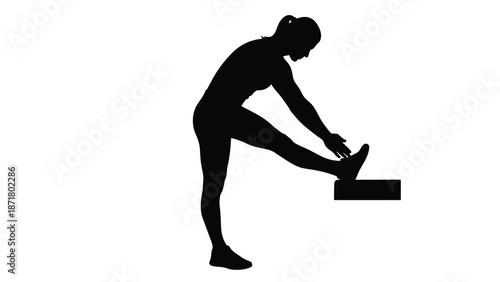 Woman in black silhouette stretching her leg a block for flexibility white on whit background