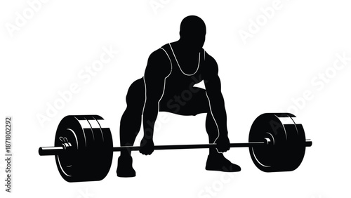 A muscular man lifting a heavy barbell with weights a white with fitness on whit background