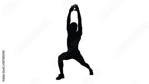 Black silhouette of a person in a yoga pose with arms raised white with fitness on whit background
