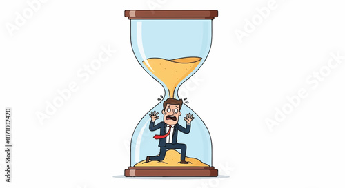 Professional Businessman Stressed Inside a Giant Hourglass Representing Time Pressure and Work Deadlines