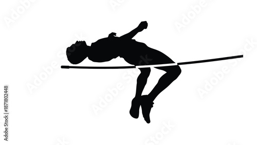 Athlete in mid air clearing high jump bar with dynamic silhouette white on whit background