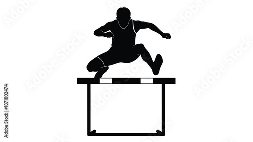 A silhouette of a male athlete jumping over a hurdle a white with sports on whit background