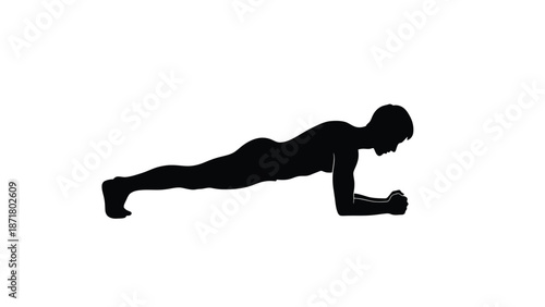 Man doing plank exercise in black silhouette white with fitness and workout on whit background