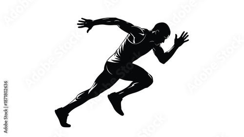 A black silhouette of a male athlete sprinting with arms outstretched white on whit background
