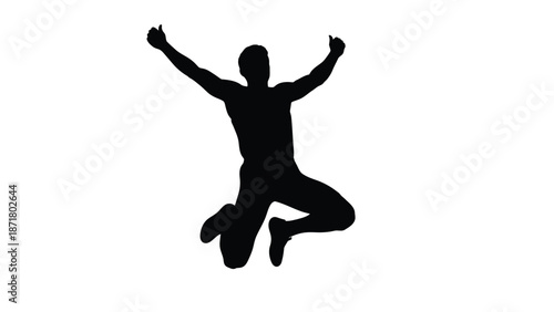 Black silhouette of a man jumping up in the air with arms raised white with fitness on whit background