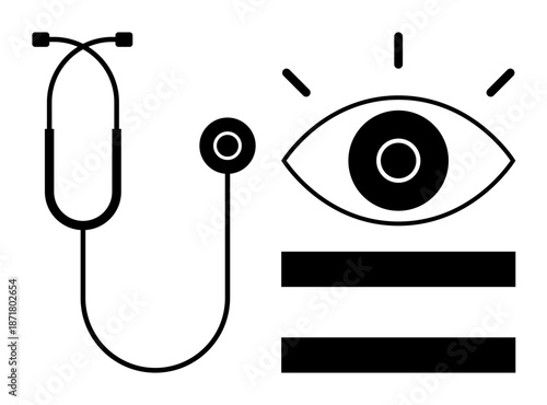 Stethoscope, large eye, and equal sign emphasizing health, vision care, equality, and inclusivity. Ideal for healthcare, eye care, justice equality accessibility awareness and balance concepts
