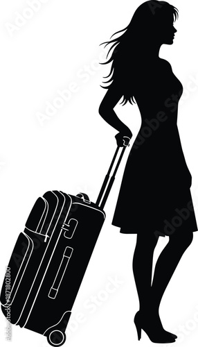 Silhouette of woman pulling suitcase in heels, travel icon for airport, tourism, business trip, journey, vacation, mobility concept