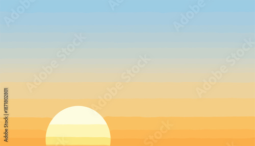 Minimalist abstract vector of a pale yellow layered rising sun over a soft blue and orange horizontal striped sky background.
