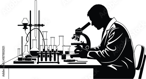 Black and white illustration of scientist in lab coat using microscope surrounded by glassware, symbolizing research, analysis, and scientific experimentation.