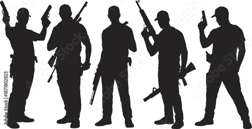 Armed soldier silhouettes set showing tactical men holding rifles and pistols, military, security and combat force concept vector isolated on white background