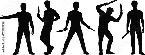 Silhouettes of five individuals holding knives in dramatic poses, symbolizing tension, action, and intensity in bold black illustration against white background.