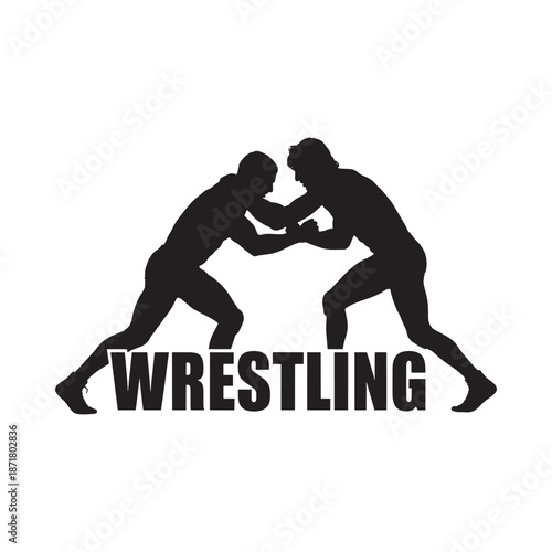 Silhouetted wrestlers engaged in intense grappling competition with the word wrestling