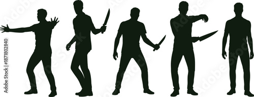 Dangerous man silhouettes holding knives set illustrating threat, violence, crime and self defense concept, aggressive poses, security risk vector isolated on white background