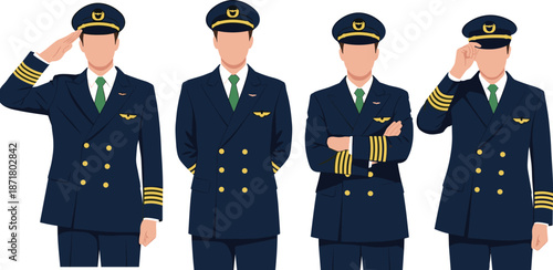 Airline pilot uniform illustration set showing professional captains in different poses, aviation crew, commercial flight personnel vector isolated on white background
