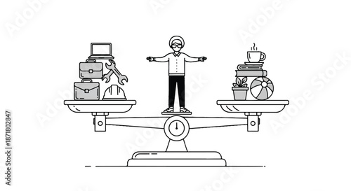 Work Life Balance Concept Showing Person Balancing Professional Career and Personal Hobby on Scale