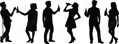 People drinking alcohol silhouettes set showing men and women holding bottles, party lifestyle, social gathering, celebration and nightlife concept vector isolated