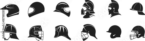 Protective helmet silhouettes collection featuring motorcycle, sports, medieval and safety headgear designs, black icon set, protective equipment vector isolated on white background