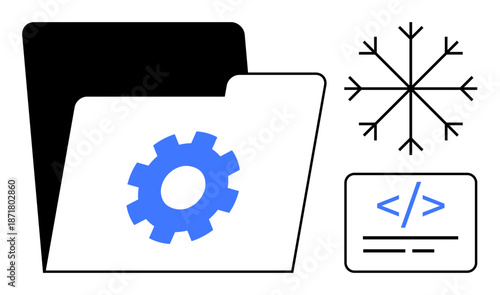 Data storage, software configuration, coding process, cloud computing, digital organization, visual programming. A gear on a file folder, snowflake and coding tag. Data storage and software