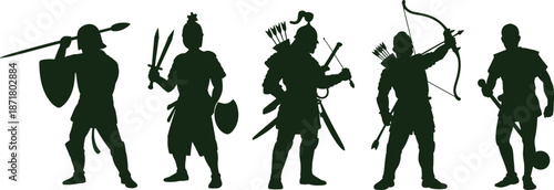 Silhouettes of five ancient warriors with diverse weapons and armor, representing historical combat styles, strength, and cultural martial traditions in dramatic black illustration.