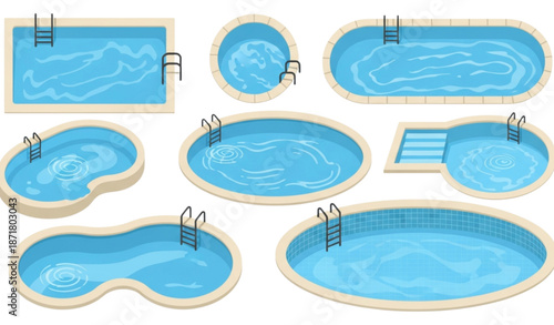 Swimming pool vector illustration set with different pool shapes