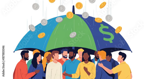 Financial Security and Social Protection Concept with Umbrella Shielding Diverse People from Falling Coins