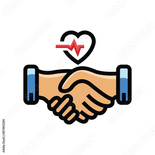 A Colorful Clip Art Illustration of a Handshake Symbolizing Cooperation, Partnership, and Trust with a Heartbeat Sign, Representing Successful Collaboration and Teamwork