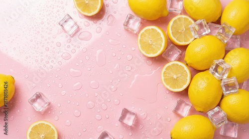 Top view photo of cut and whole yellow lemons ice cubes water drops on isolated pastel pink background with blank space on the left