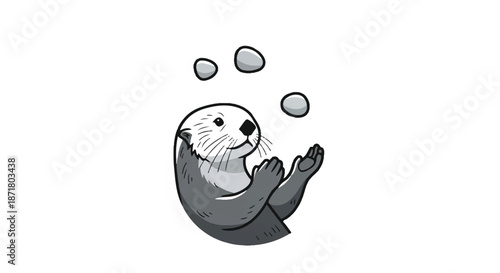 Adorable Sea Otter Juggling Smooth Stones While Floating on Water Surface Illustration