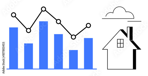 Real estate trends, housing market, data analytics, investment, housing economy, forecasting. Blue bar graph, line chart house icon and cloud symbol. Real estate trends and housing market concept