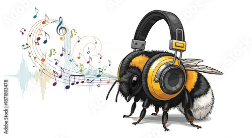Cool Bumblebee Wearing Large Modern Wireless Headphones Listening to Music Notes