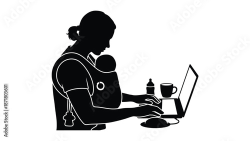Silhouette of a dedicated mother multitasking expertly while working remotely at a laptop computer with a baby securely attached in a front carrier alongside a bottle and coffee cup