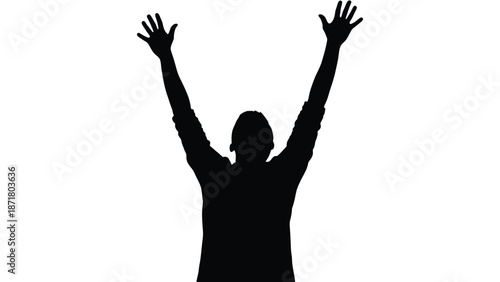 Silhouette of a person raising both arms high above their head in a gesture of victory celebration triumph or enthusiastic cheering against a stark white background symbolizing success and achievement