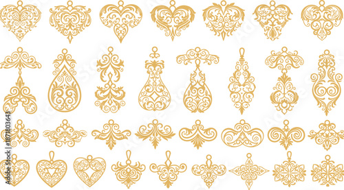 Golden ornamental decorative motif and heart symbol set, luxury vintage scroll elements, elegant floral vector illustration