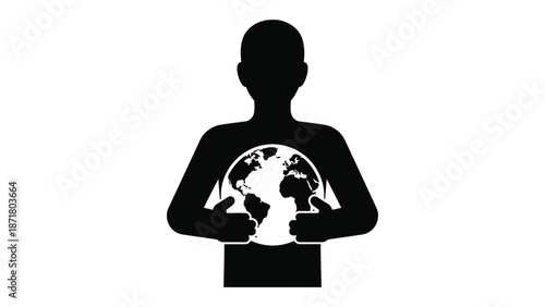 Silhouette of a person embracing or holding the globe close to their chest symbolizing responsibility for the planet earth and environmental care concepts